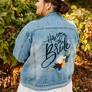 Here Comes The Bride jean jacket. Perfect for a spring/fall wedding to stay warm